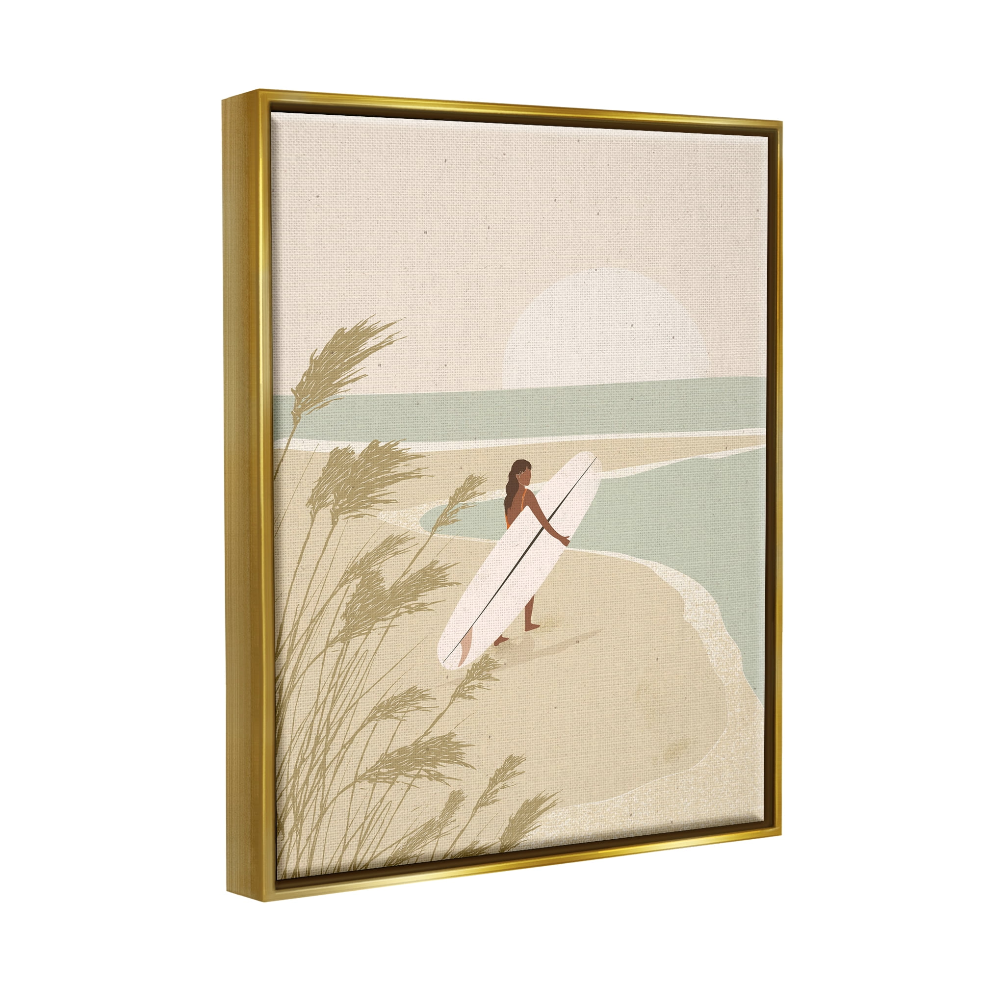 Stupell Industries Neutral Beach Sunset Surfing Woman Coastal Painting Gold Floater Framed Art Print Wall Art