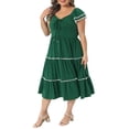 thumbnail image 4 of Agnes Orinda Women's Plus Size St. Patrick's Day Boho Dresses Sweetheart Neck Tiered Ruffled Short Sleeve Tiered Pom Pom Flowy Summer A-Line Midi Sundress 1X Dark Green, 4 of 6