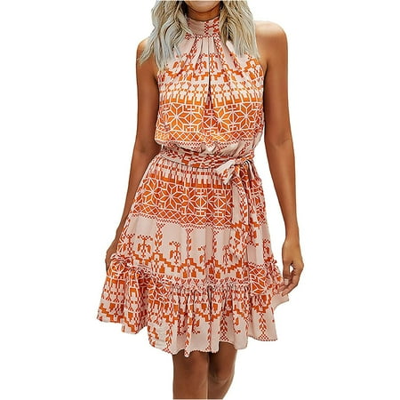 

jsaierl Summer Dresses for Women 2023 Wedding Guest Print Dress Swing Short Sleeve Midi Dress Tunic Crew Neck Sun Dress
