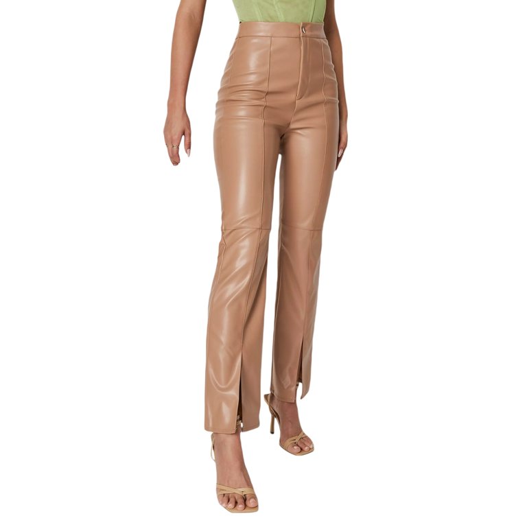 Beige Straight Leg Faux Leather Trousers | SilkFred US