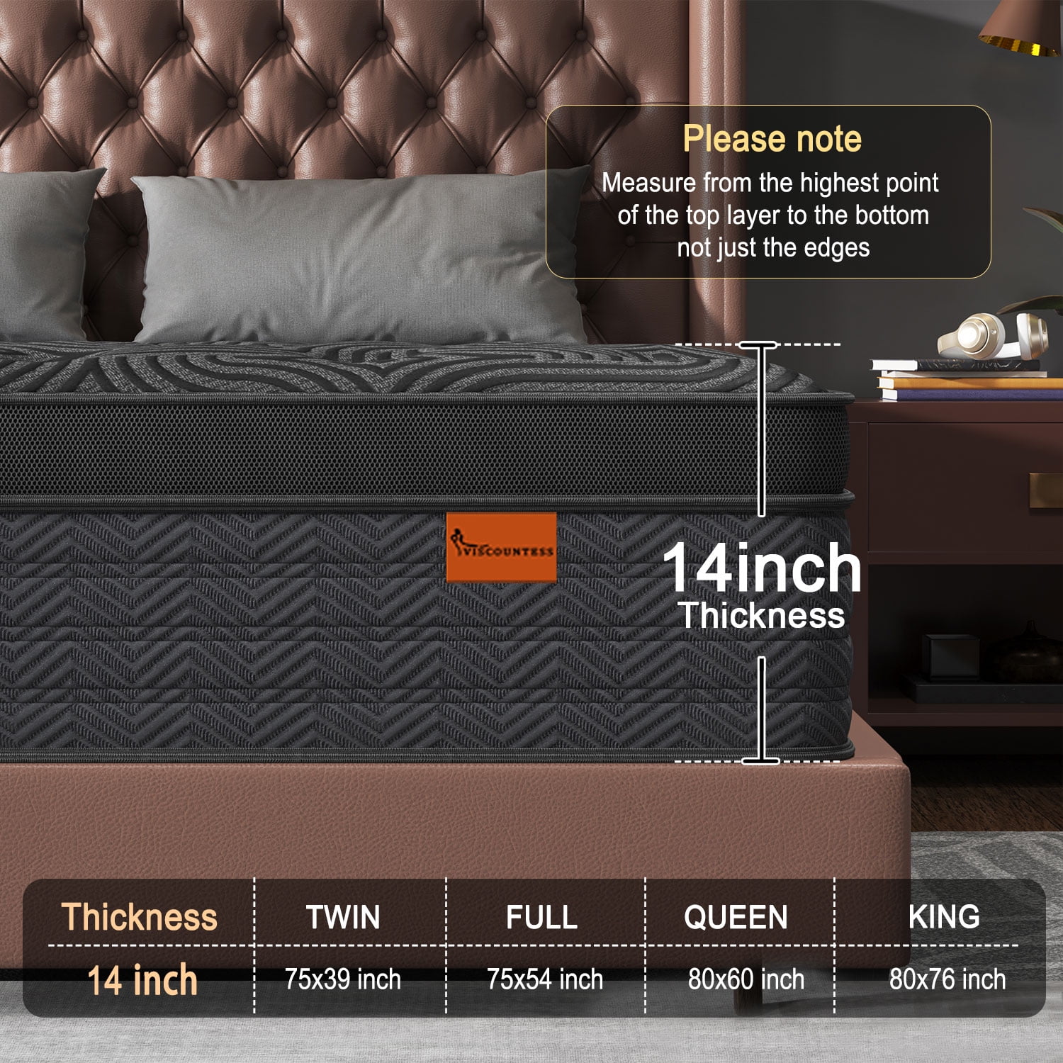 Viscountess Twin Mattress 14inch Gel Memory Foam Hybrid Mattress in a Box Innnerspring Medium Firm Comfort