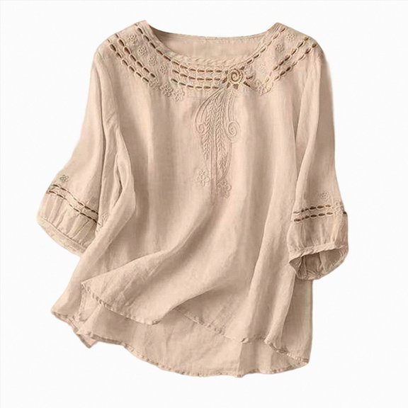 mgoYE Womens Plus Size Tops 3/4 Sleeve Blouses Shirts Casual V Neck Loose Tunic Tops Womens Tahirts(Beige,XL)