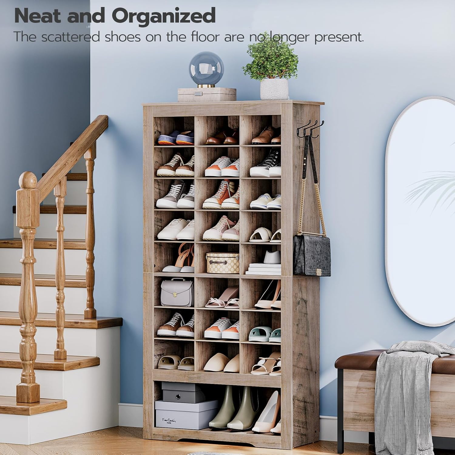 HOOBRO Shoe Cabinet 8-Tier Heavy Duty Shoe Rack with 24 Cubbies and 3 Hooks Entryway Closet Living Room Gray BG24SC01