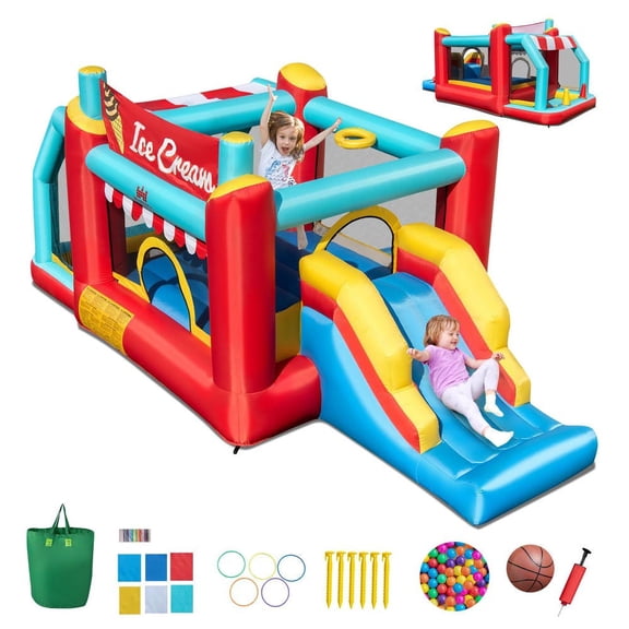 GVN 5-in-1 Ice Cream Inflatable Bouncer with Ball Pit and Slide without Blower, Jumping Castle for Outdoor, Yard, Lawn, Red