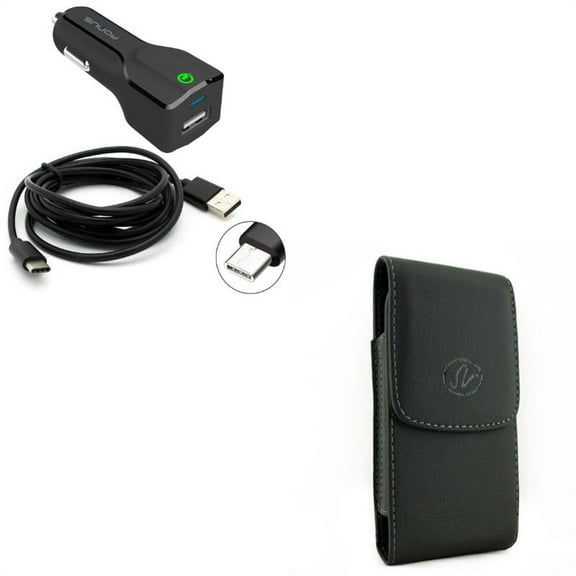 Black Leather Case w 24W Adaptive Fast Car USB Charger 6ft Type-C Cable M8R Compatible With Google Pixel 3a XL