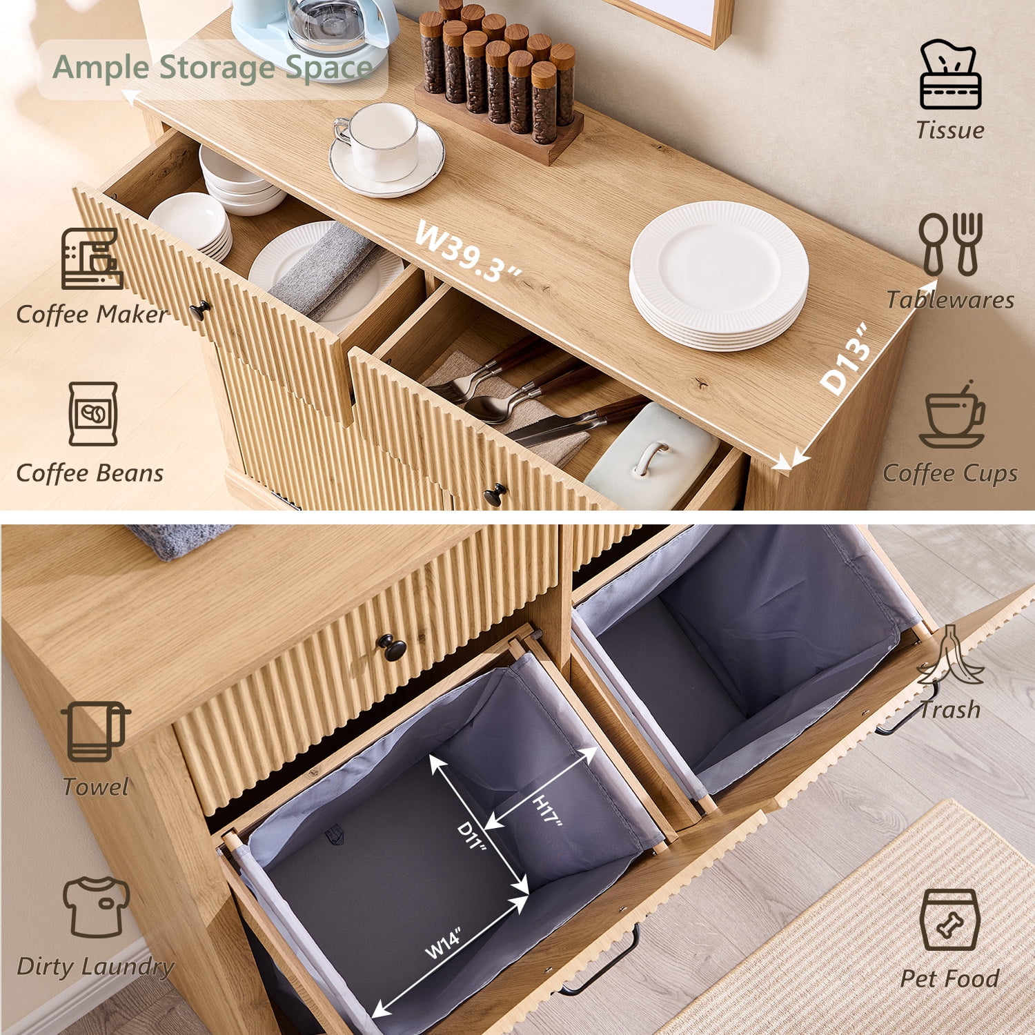 20 Gallon Tilt-Out Trash Can Cabinet, Modern Laundry Hamper Cabinet with Drawers, Hidden Garbage Can Cabinet for Kitchen and Living Room