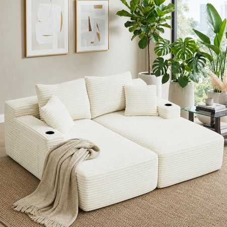 69"Double Chaise Lounge Indoor,Corduroy Boneless Sleeper Sofa Bed with Deep Seat,Pillows for Living Room,Bedroom,Apartment