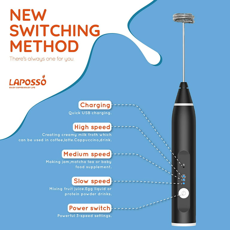 Laposso Milk Frother Rechargeable Handheld Electric Whisk Coffee Frother  Mixer w