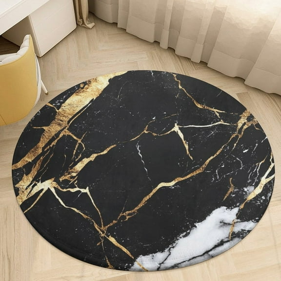 Colorful Marble Black Round Area Rugs for Bedroom Living Room, 4FT Soft Indoor Circle Carpets, Carpet Home Decor Floor Mat