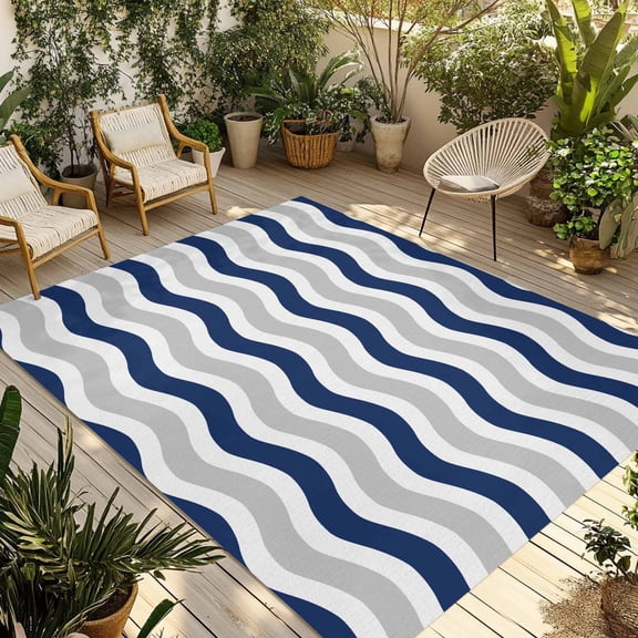 Fsddascl Navy Blue Grey White Outdoor Rug for Patio/Deck/Porch, Non-Slip Large Area Rug 5 x 8 Ft, Abstract Geometric Ocean Wave Stripe Indoor Outdoor Rugs Washable Area Rugs, Camping Rug Carpet