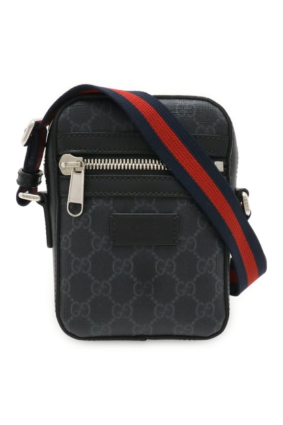 Pre-Owned GUCCI GG Supreme Web Line Handbag Shoulder Bag Pouch Leather Black Dark Gray 598103