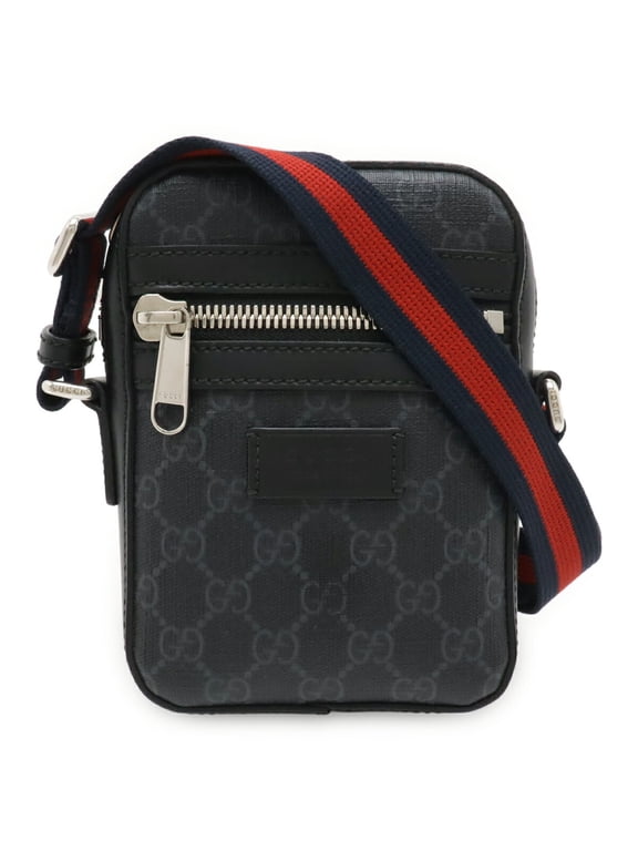 Pre-Owned GUCCI GG Supreme Web Line Handbag Shoulder Bag Pouch Leather Black Dark Gray 598103