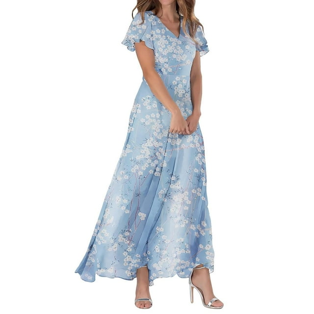 WTXUE Robes d'Été pour Femmes 2024, Robe d'Été Décontractée à la Mode pour Femmes à Fleurs, Col en V, Manches Courtes, Longue, Col en V, Manches Courtes, Patte, Robe de Loisirs, Blanc