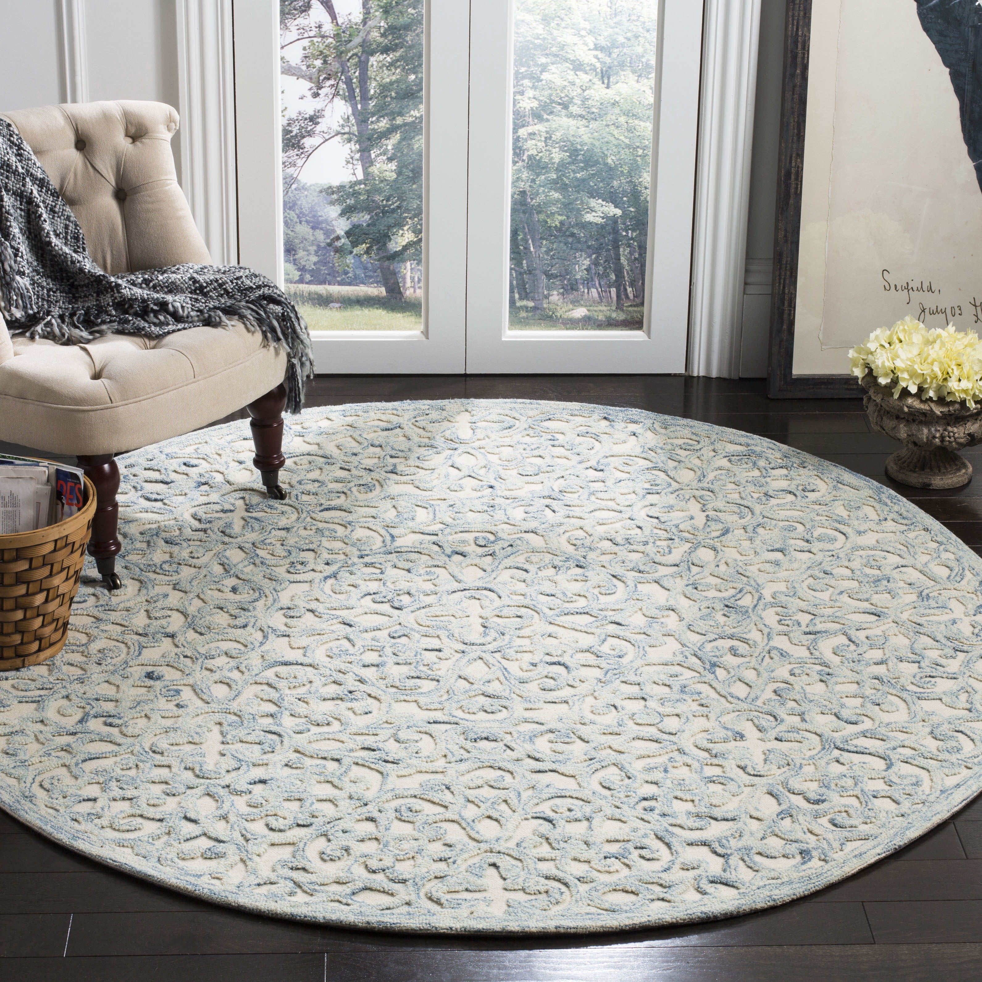 SAFAVIEH Martha Stewart Trace Floral Area Rug, Blue/Ivory, 6' x 6' Round