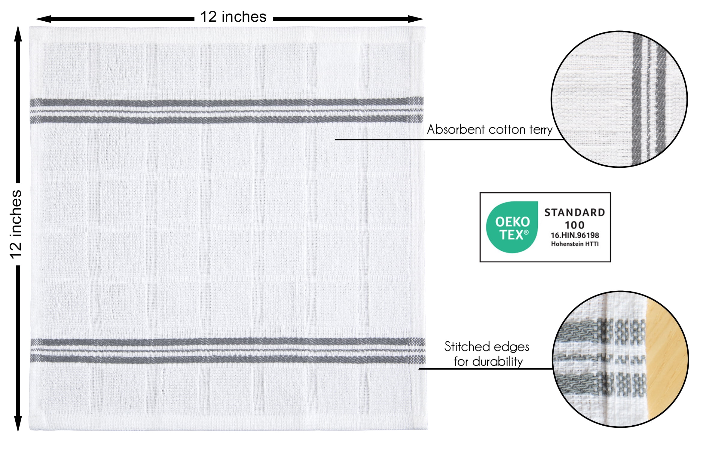 Mainstays 4 Pack Cotton Dishcloths, 12" x12", Gray & White Stripe