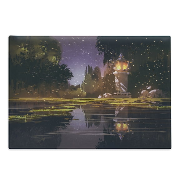 Landscape Cutting Board, Idyllic Scenery at Night with a Stone Lantern Fireflies and Forest Trees Swamp, Decorative Tempered Glass Cutting and Serving Board, Large Size, Multicolor, by Ambesonne