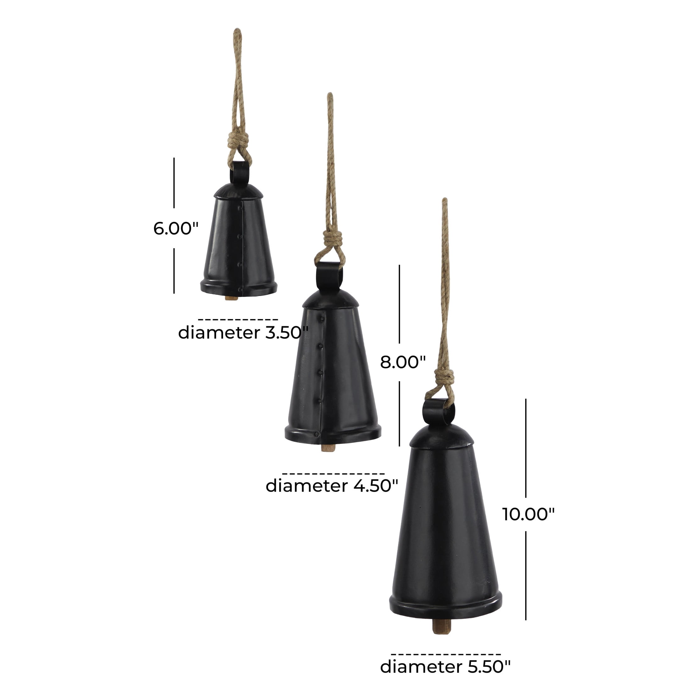 DecMode Tibetan Inspired Black Metal Conical Decorative Cow Bells with Jute Hanging Rope, 3 Count