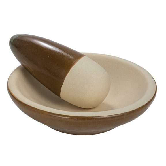 Creative Co-Op Stoneware Mortar and Pestle with Reactive Glaze, Brown and Cream