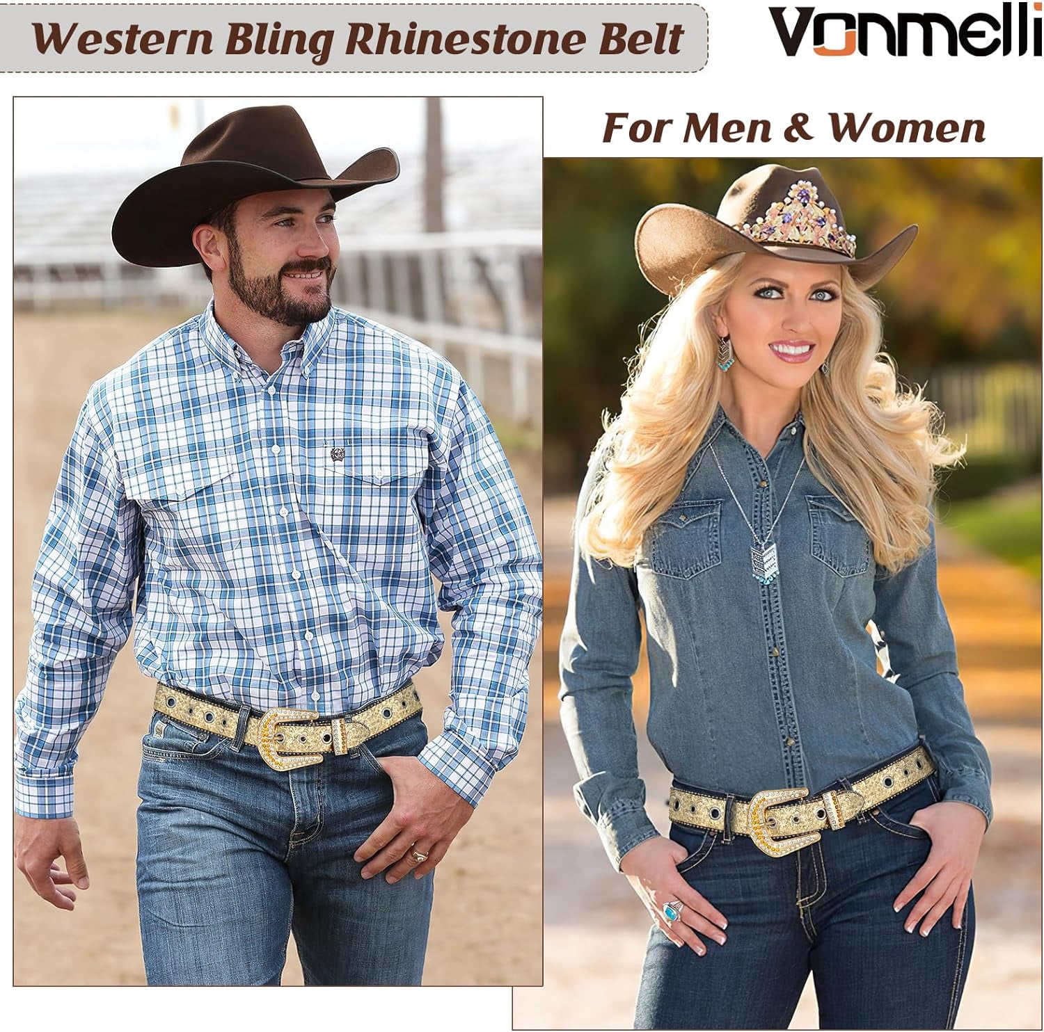 Rhinestone Western Belt for Men Women Cowgirl Cowboy Leather 