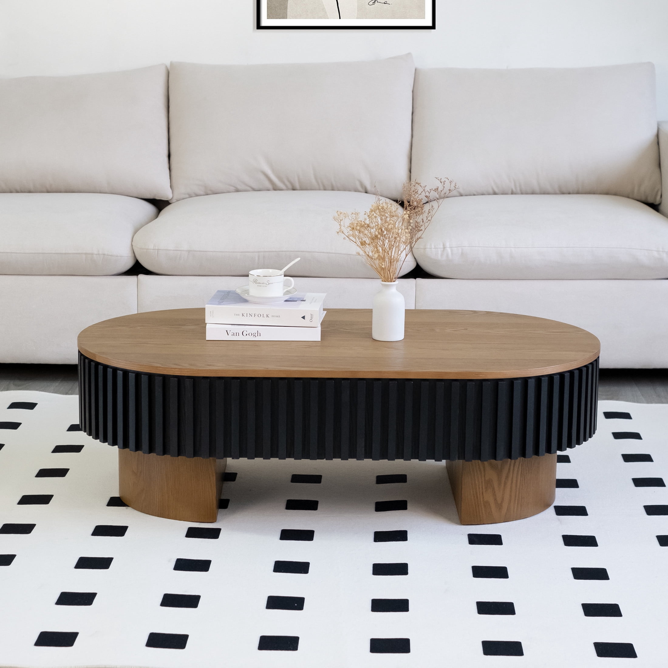 Noble House Mourade 44" Elliptical Coffee Table with Hidden Storage, Modern Fluted Mushroom Accent Table, Brown