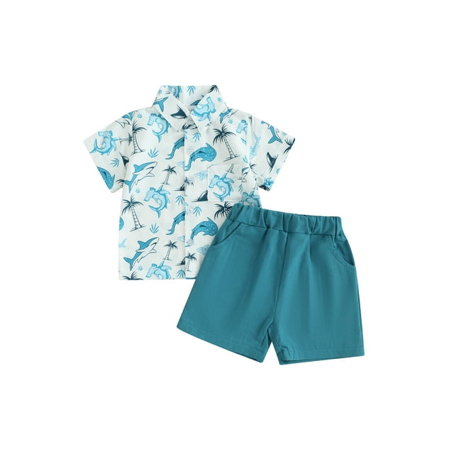Nituyy Ensembles de Shorts d'Été pour Tout-Petits Garçons, Manches Courtes, Col à Revers, Hauts à Imprimé Whale et Ensembles de Shorts de Couleur Unie
