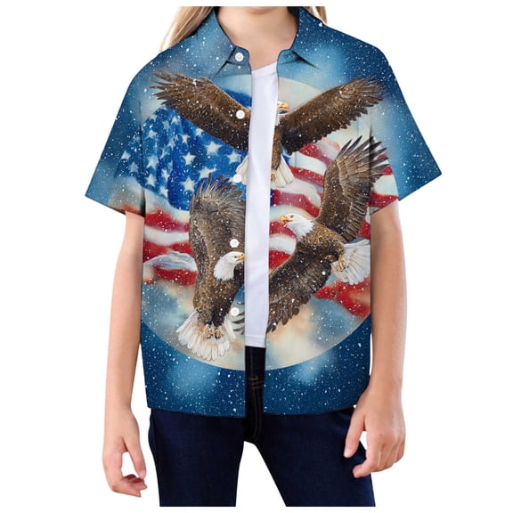 Staki Girls Patriotic Shirt USA Flag Shirt Kids 4th of July Button Down Shirts Girls Boys Patriotic Short Sleeve Independence Day Tee Tops 4T 5T 371T(Dark Purple,5-6 Years)