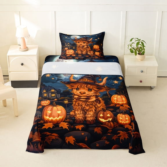 Manfei Cute Highland Cow Print Twin Sheets for Kids, Halloween Pumpkin Witch Hat Art Bedding, 3-Piece, 1 Flat Sheet, 1 Fitted Sheet and 1 Pillowcase