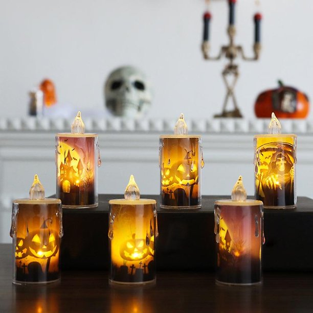 Velas sin llama para Halloween, juego de 6 velas con forma de castillo que funcionan con pilas para Halloween, velas LED parpadeantes para Halloween, decoración de mesa para Halloween, color naranja