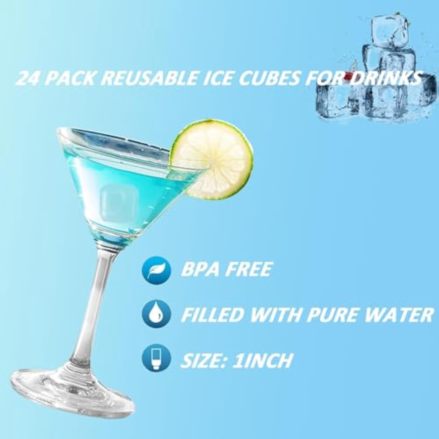 24 Pack Zero Ice Cubes, Zero Ice Reusable Cubes, Washable Non-Melting Ice Cubes Non-Diluting, for Coffee, Wine, Whiskey, Cocktails (Blue and white squares)