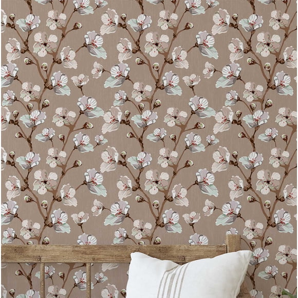 S4Sassy Peel and Stick Walls Covering, Blossom Bloom Print - Asian Style Wall Mural, Instant Walls Makeover for Bathroom, Laundry Room, Closet Interior- Self-Adhesive Wallpaper Vinyl- Brown, 25"x120"