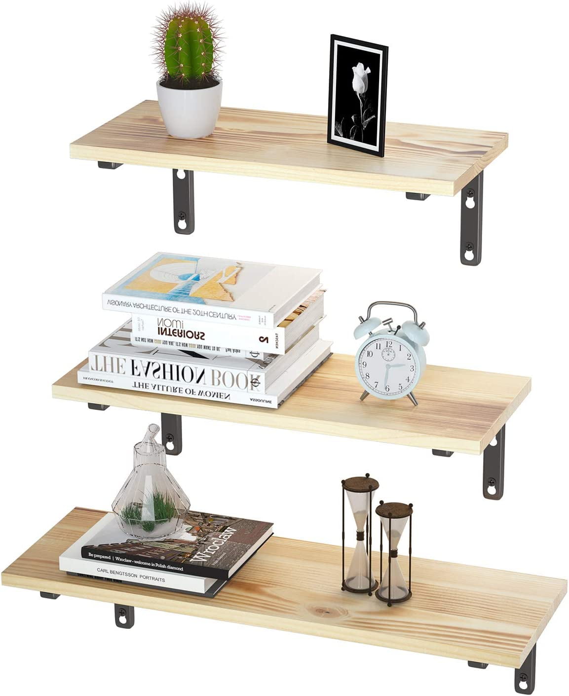 Rustic Wood Floating Shelves Wall Mounted Storage with Metal Brackets Set of 3