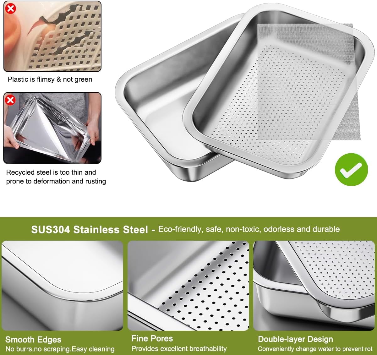 FANHAO 2-Pack Stainless Steel Plant Germination Trays, Indoors Plant Seedlings, Drainage Holes