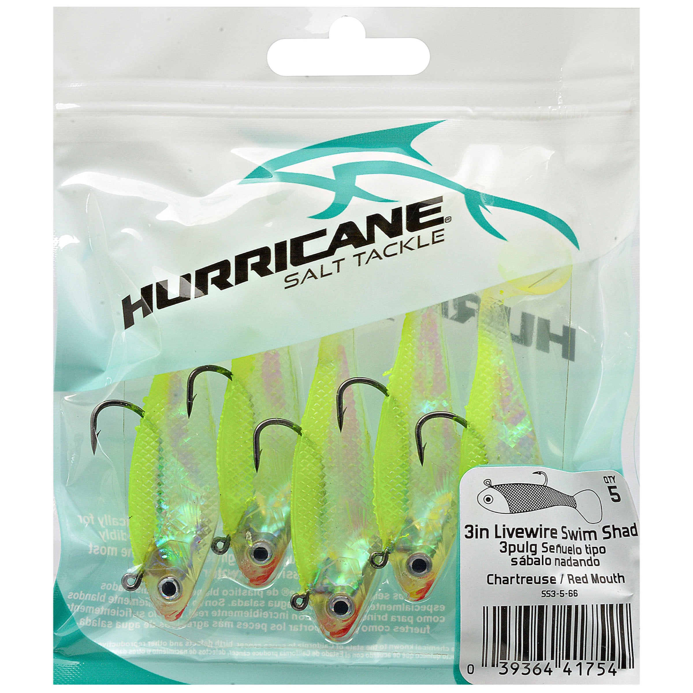 Hurricane Livewire Swim Shad 3 In. Chartreuse/Red Mouth-Chartreuse Tail,  SS3-5-66, Hard Baits