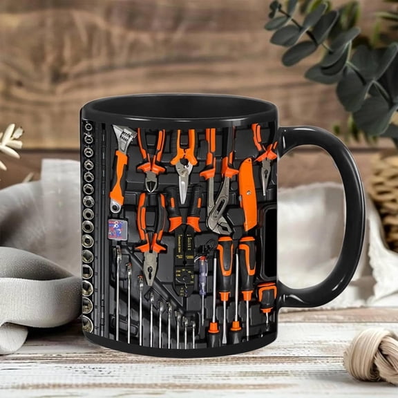 Tool Inspired Coffee Mug, Handyman Style Mug for DIY Lovers, Black Mug with Tool Pattern, Gift for Dad Husband Handyman