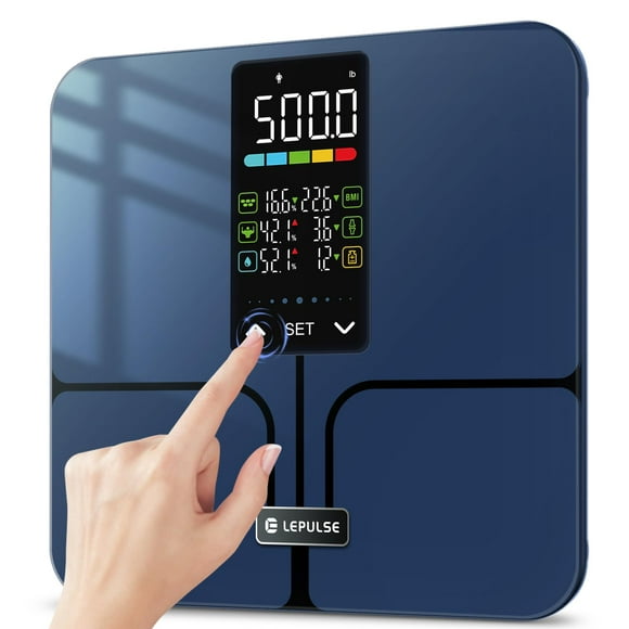 Báscula de grasa corporal Lepulse sin aplicación, báscula inteligente de 226 kg para peso corporal, IMC, grasa corporal, masa muscular, con pantalla grande de 14 cm, báscula de baño digital de máxima