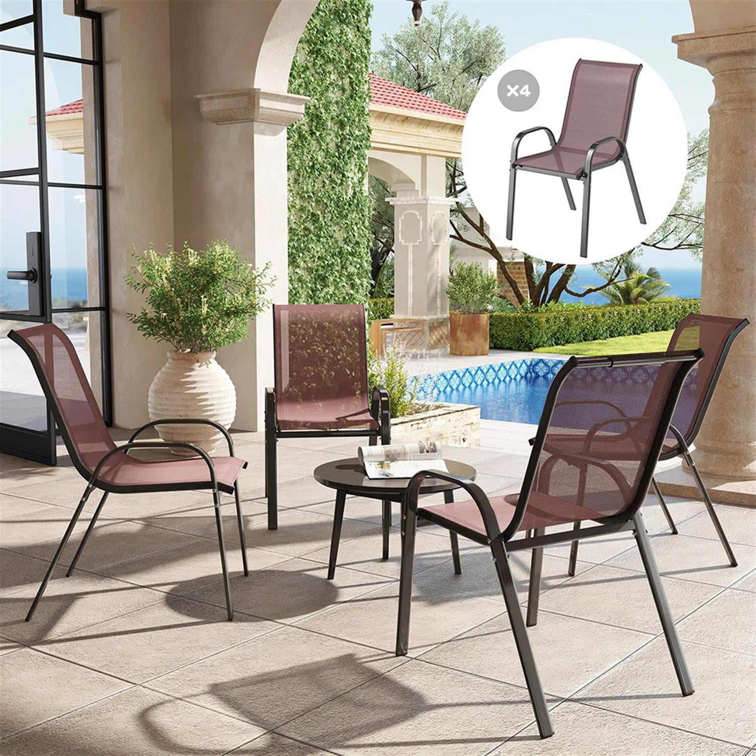 Demi Bonn Outdoor Dining Chairs Set of 4, Stackable Patio Chair with High Back, Breathable Mesh Seat for Garden, Backyard, Deck, Porch, Lawn, Brown
