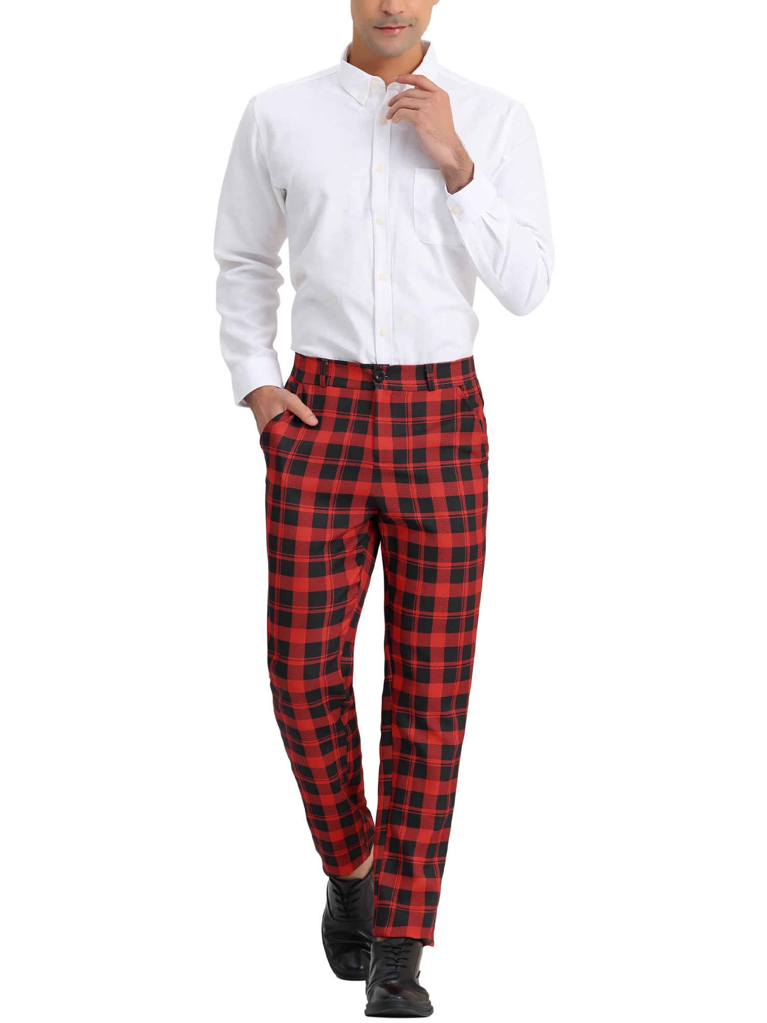 Unique Bargains Men's Plaid Regular Fit Flat Front Classic Elastic Waist Suit Pants 36 Red