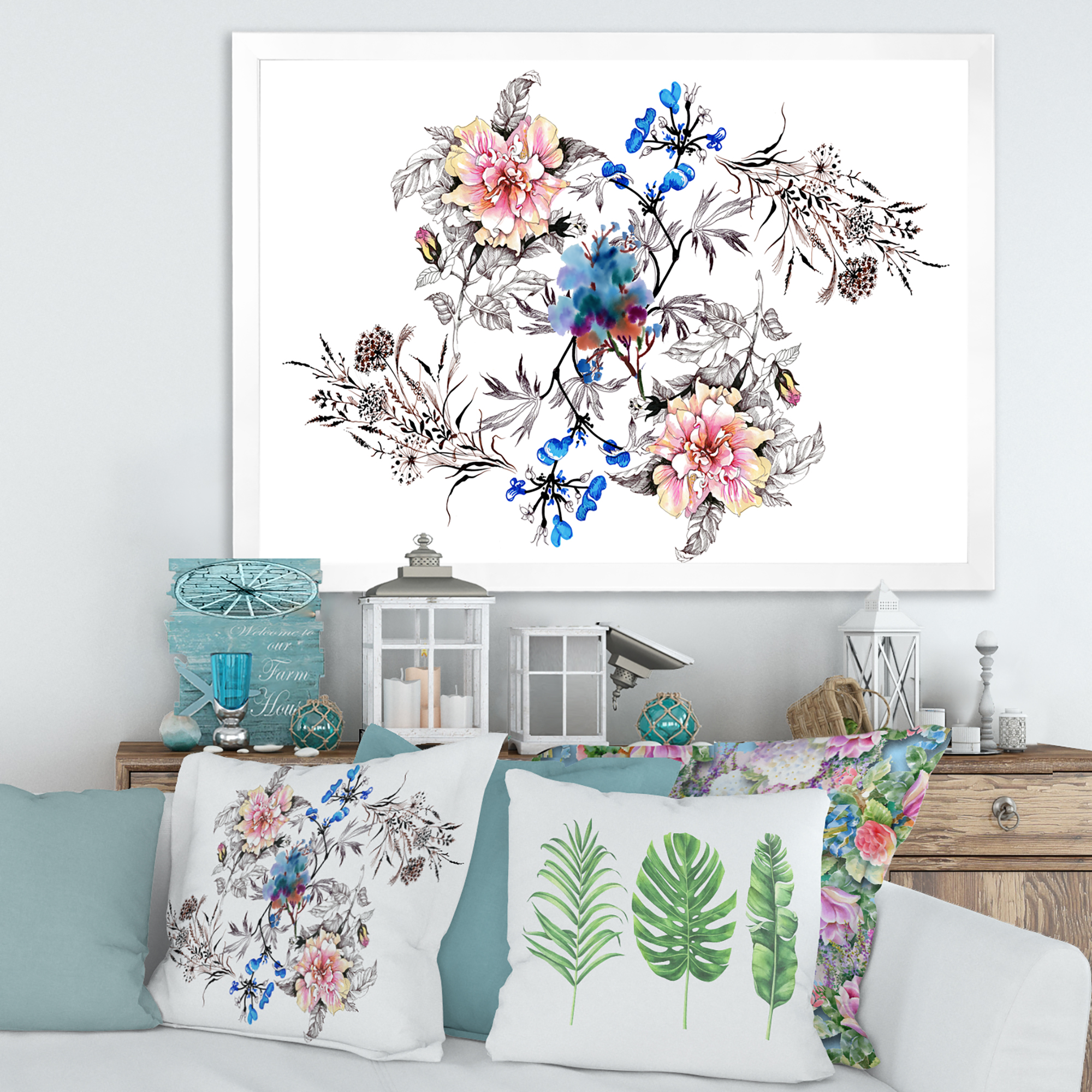 Designart 'Pink and Blue Wildflowers' Traditional Framed Art Print