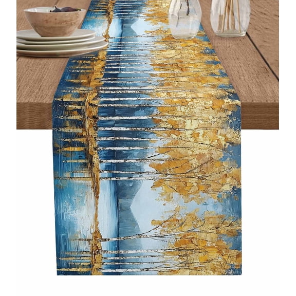 Blue Yellow Table Runner 60 Inches, Modern Abstract Oil Expressionism Bed Runner Dresser Scarves Tabletop for Indoor Outdoor Parties/Ceremony/Banquet, 13" x 60"