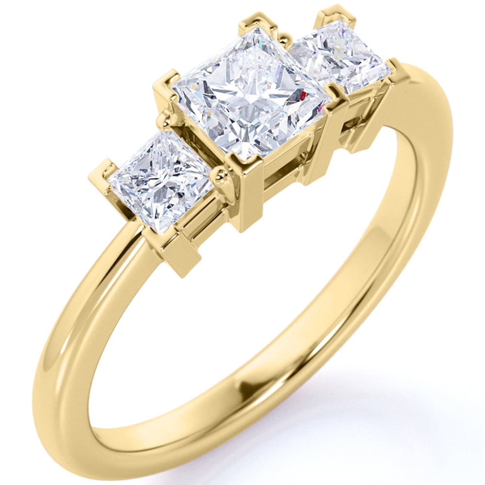JeenMata Modern 1 Carat Princess Cut Moissanite - 3 Stone Gothic Engagement Ring - Past Present Future Ring - 18K Yellow Gold over Silver