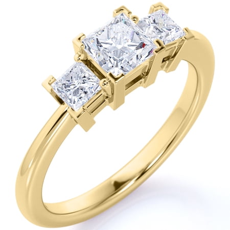 JeenMata Modern 1 Carat Princess Cut Moissanite - 3 Stone Gothic Engagement Ring - Past Present Future Ring - 18K Yellow Gold over Silver