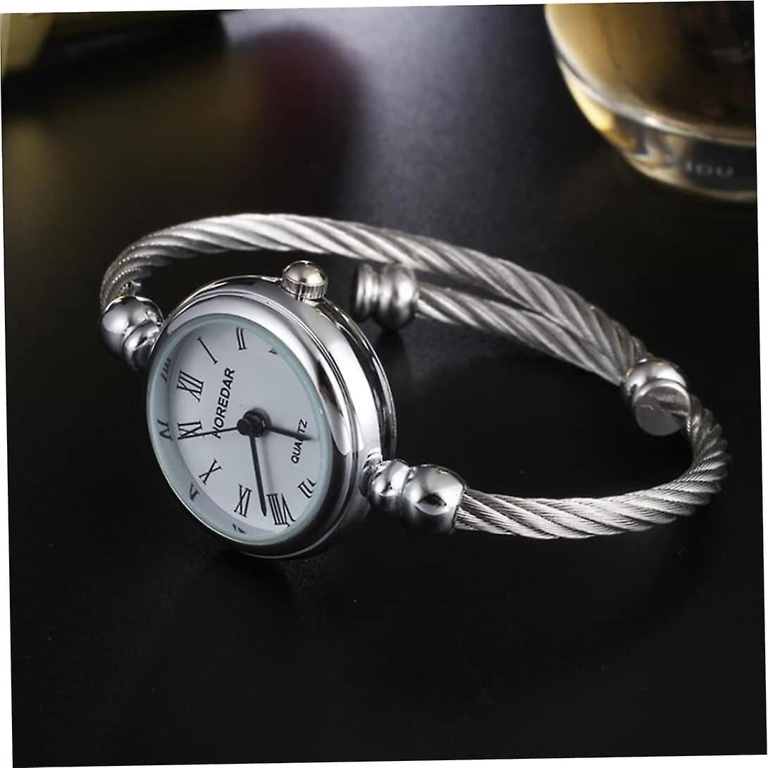 Women Silver Cable White Dial Analogue Quartz Bangle Watch with Metal Band Cuff Bracelet Watch Fashion Daily Wrist Watches