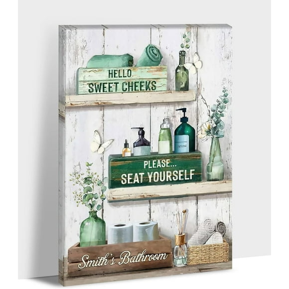 Farmhouse Bathroom Rule Wall Canvas Art, Vintage Style Bathroom Flower Wall Decor, Rustic Bathroom Floral Signs Prints Wall Art Framed Bathroom Signs Paintings Wall Art for Home Bedroom 12"x18"
