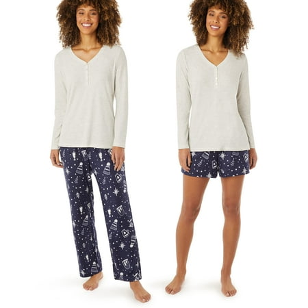 

Eddie Bauer 3-Piece Waffle Knit Pajama Set for Women – Long Sleeve V-Neck Henley Matching Print Pants & Shorts Assorted Colors - 1 Medium