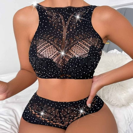 

Fengqque Ladies Erotic Lingerie High Elastic Hollow Hot Drill Sexy Mesh Split Two-Piece Erotic Lingerie