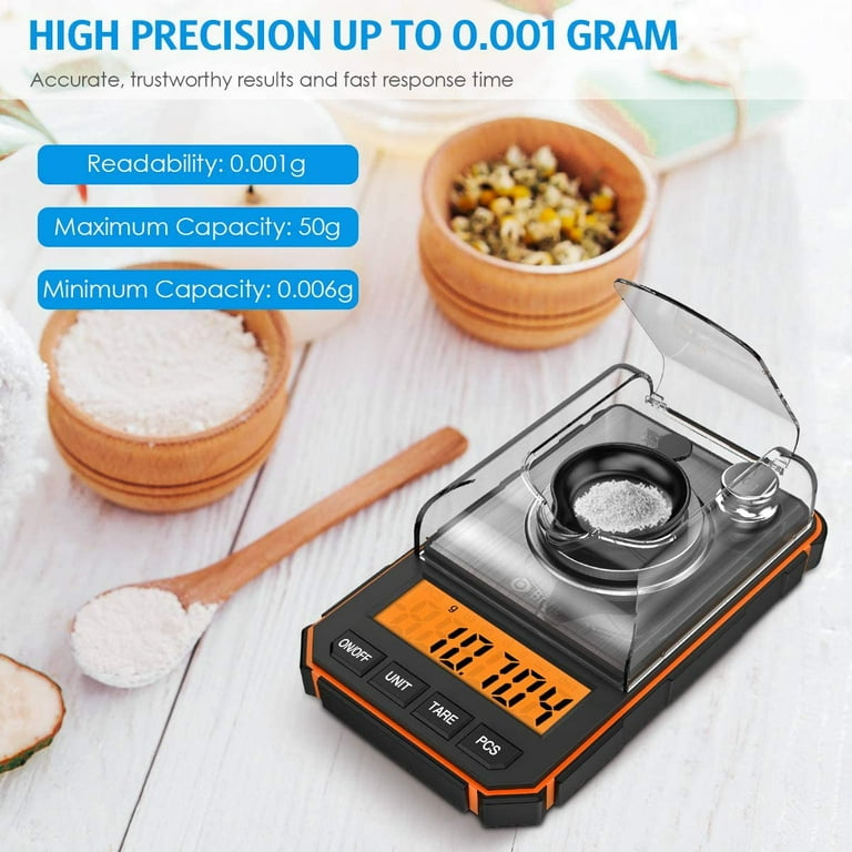 Digital Scale, Professional 50g-0.001g Precise Scale with 50g Calibration  Weights Tweezers Scale for Kitchen Food Cooking Jewelry Medicine Orange
