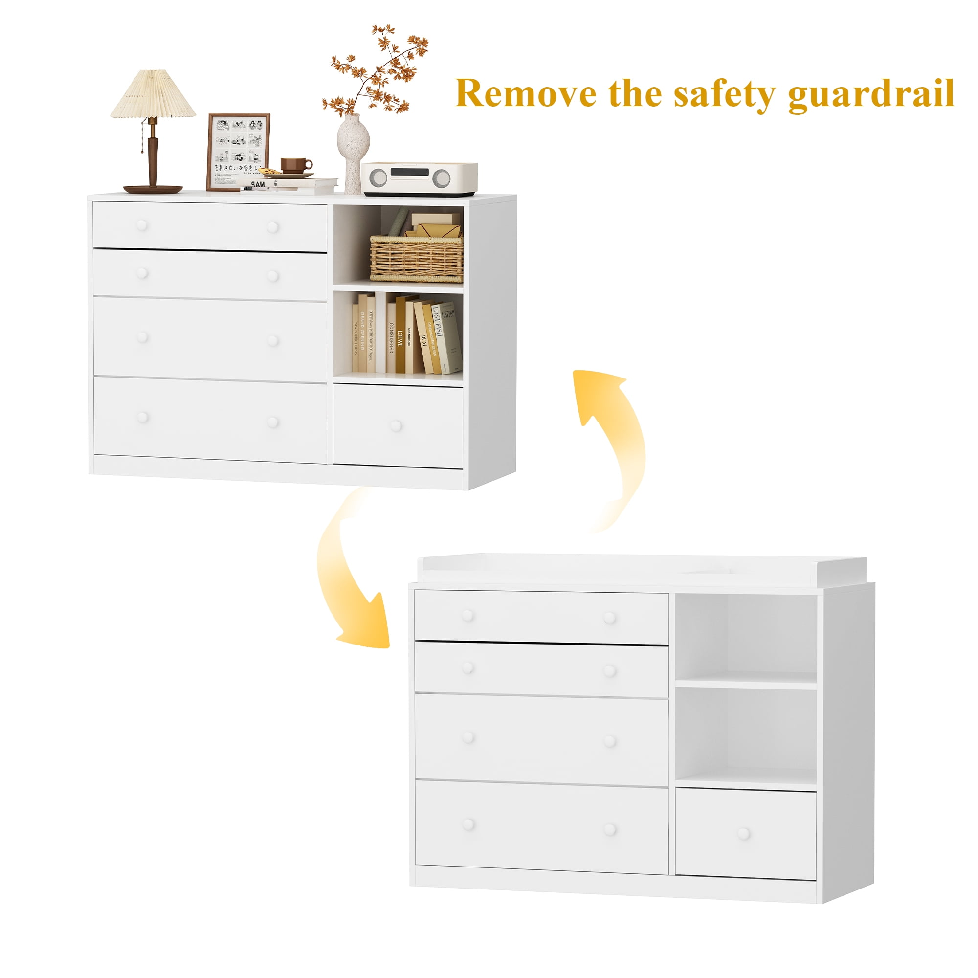 OXYLIFE Baby Changing Table Dresser Nursery Chest with Storage,5 Drawers&2 Shelves,White
