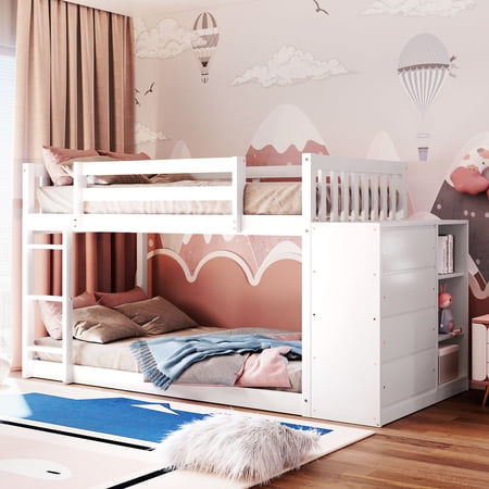 Twin Over Twin Bunk Bed with 4 Storage Drawers and 3 Shelves Solid Wood Bunk Bed Frame with Ladder and Safety Guardrail Multifunctional Low Bunk Bed for Kids Teens Aldults No Box Spring Needed White