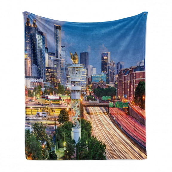 United States Soft Flannel Fleece Blanket, Atlanta Georgia Urban Busy Town with Skyscrapers City Landscape, Cozy Plush for Indoor and Outdoor Use, 70" x 90", Pale Blue Yellow Coral, by Ambesonne