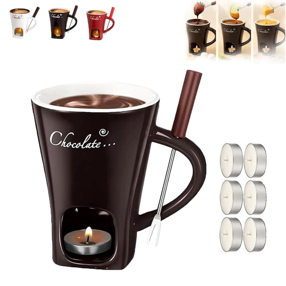 Chocolate Melting Cup, Mini Ceramic Fondue Set with Fork and Tea Light Candle for Chocolate, Caramel, Cheese and Dipping
